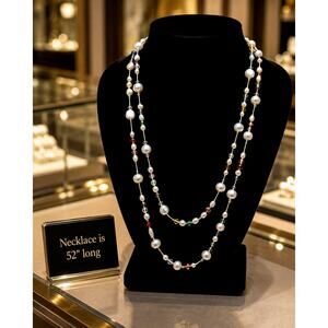Vintage 52" Freshwater Pearl & Crystal Station Necklace